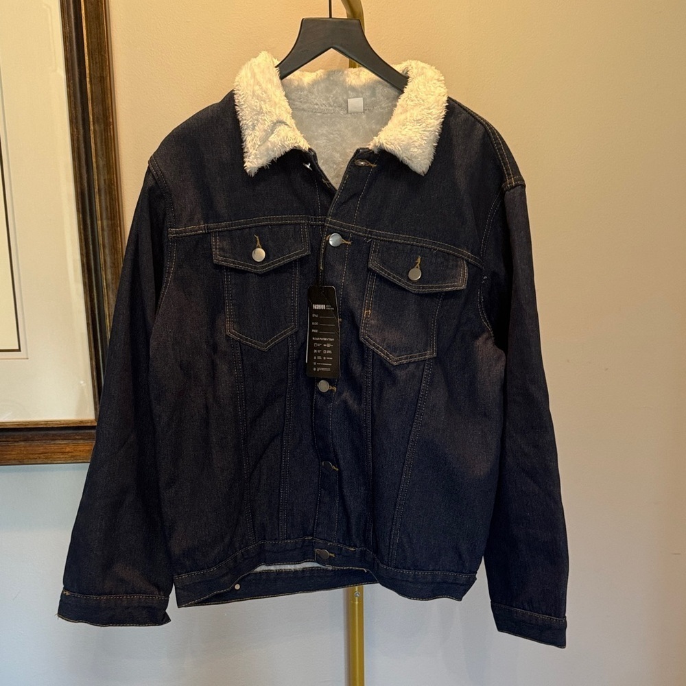 Denim trucker Jacket with White fuzzy Collar NWT